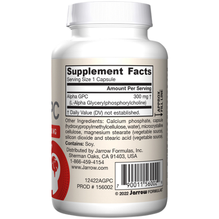 Supplement Facts label for Jarrow Formulas Alpha GPC Vegetarian Capsules 300 MG