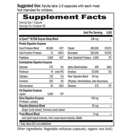 Supplement Facts label for Garden of Life Omega-Zyme Ultra capsules