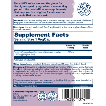 Solaray Turmeric Root Extract 600 MG Supplement Label