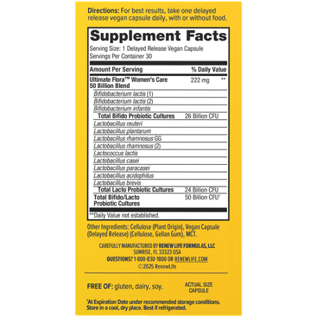 Supplement Facts label for Shop Ultimate Flora Vaginal Support Capsules