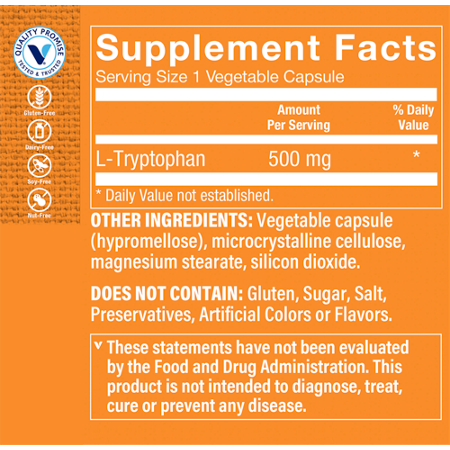 Supplement Facts label for L-Tryptophan capsules 500 MG