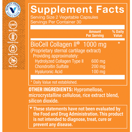 Supplement Facts label for BioCell Collagen II with Hyaluronic Acid 1000 MG