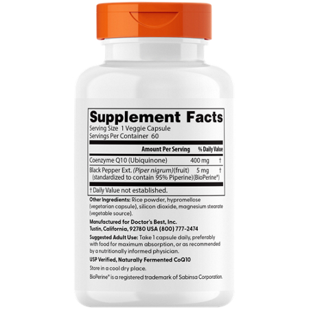 Supplement Facts label for Doctors Best High Absorption CoQ-10 400 MG