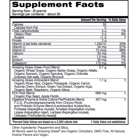 Supplement Facts label for Amazing Grass Green Superfood Powder