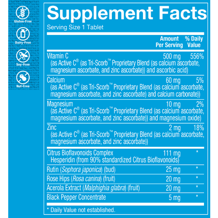 Supplement Facts label for Active C with Bioflavonoids Vitamin C 500 MG tablets