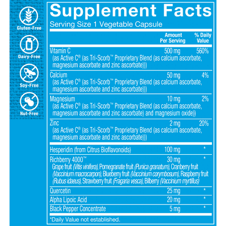Supplement Facts label for Active-C Plus 500 MG