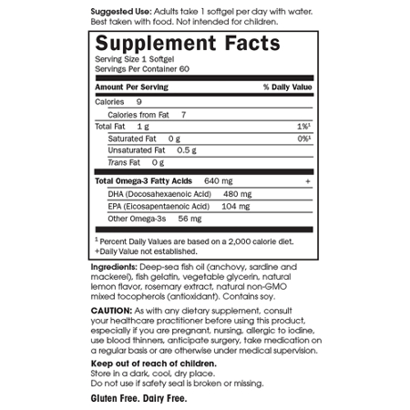 Supplement Facts label for Garden of Life Minami Prenatal Omega-3 Fish Oil