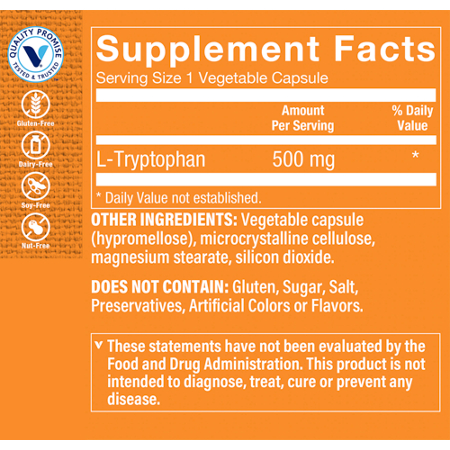 Supplement Facts label for L-Tryptophan Supports Mood & Relaxation 500 MG