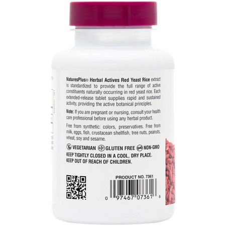 Natures Plus Red Yeast Rice Extended Release 600 MG tablets back