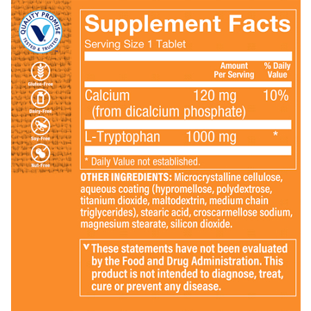 Supplement Facts label for L-Tryptophan Supports Mood & Relaxation 1000 MG