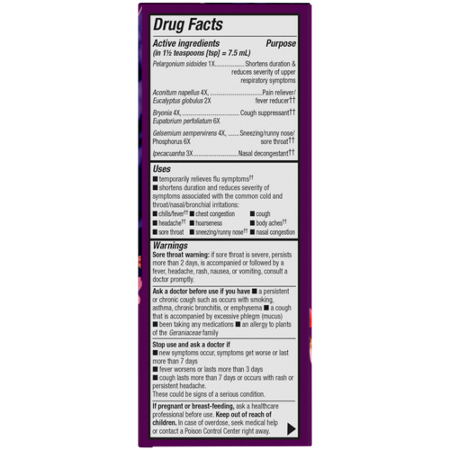 Drug Facts label for Natures Way Umcka Cold + Flu Syrup Berry