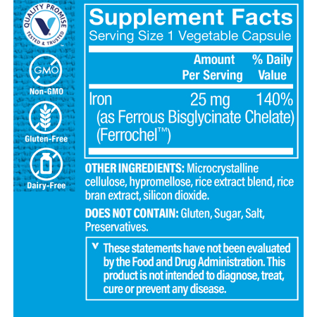 Supplement Facts label for Comfort Iron Vegetarian Capsules 25 MG