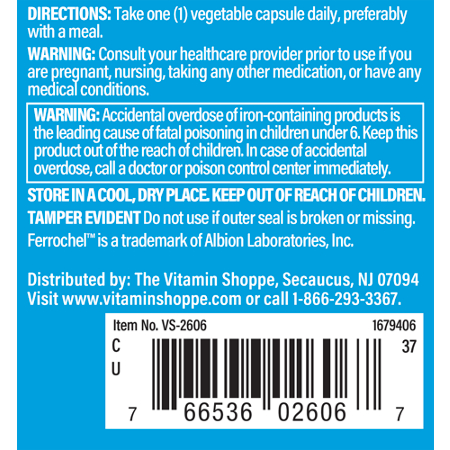 Directions for The Vitamin Shoppe Comfort Iron Vegetarian Capsules 25 MG