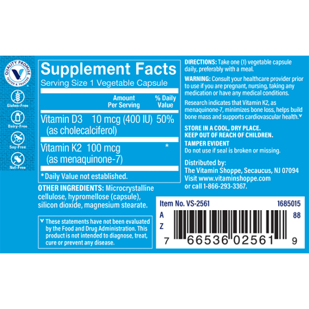 Supplement Facts label for The Vitamin Shoppe Vitamin K2 60 Veggie Caps