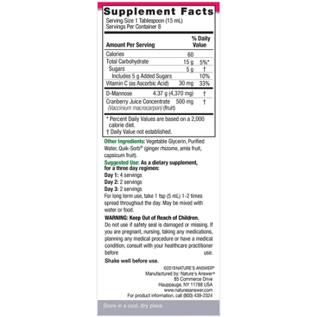 Supplement Facts label for Natures Answer D-Mannose Cranberry