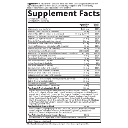Supplement Facts label for Garden of Life Vitamin Code Women Multivitamin
