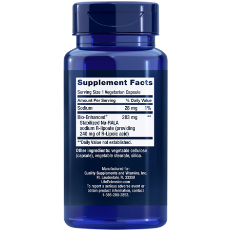 Supplement Facts label for Life Extension Super R-Lipoic Acid 240 MG capsules