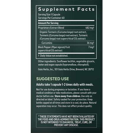 Supplement Facts label for Gaia Herbs Turmeric Supreme Extra Strength capsules