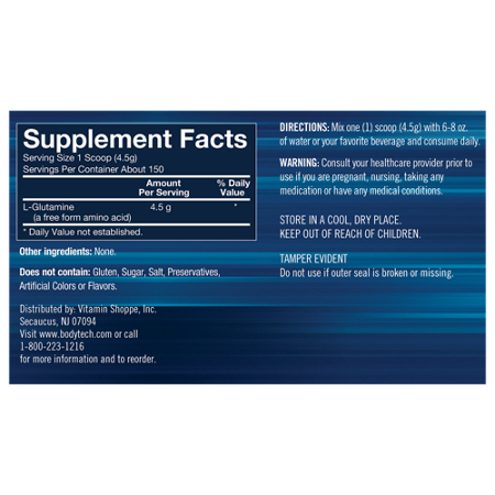 Supplement Facts label for Glutamine Powder Recovery Agent