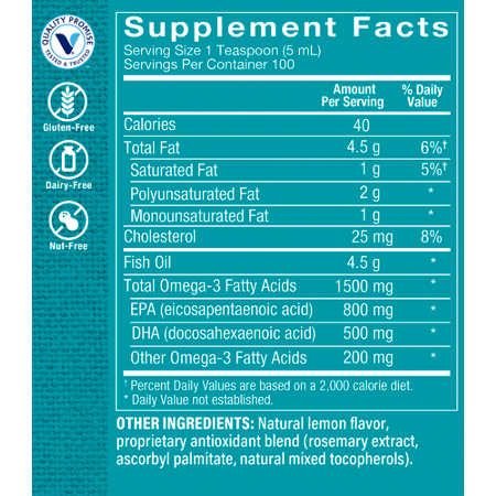 Supplement Facts label for Omega-3 Fish Oil EPA 800 MG DHA 500 MG