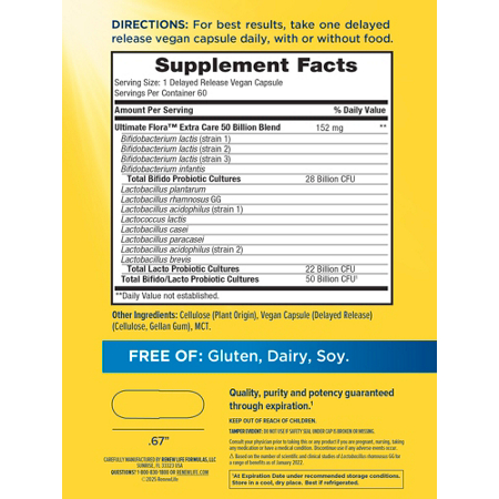 Supplement Facts label for Ultimate Flora Extra Care Probiotic