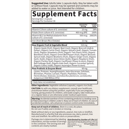 Supplement Facts label for Garden of Life Vitamin Code Whole Food Iron