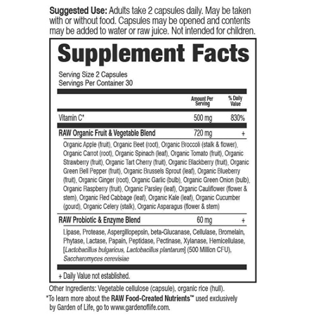 Supplement Facts label for Garden of Life Vitamin Code Raw Vitamin C 500 MG