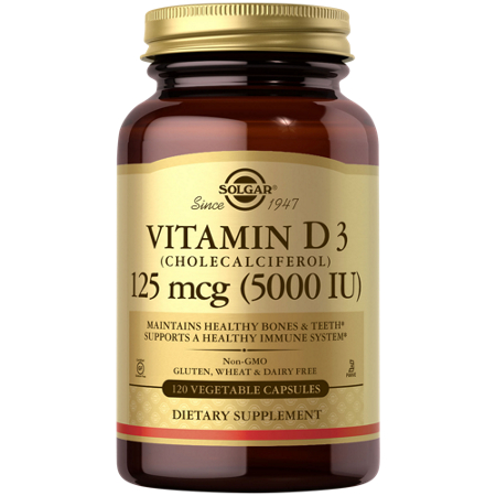 Solgar Vitamin D3 5000 IU vegetable capsules bottle front