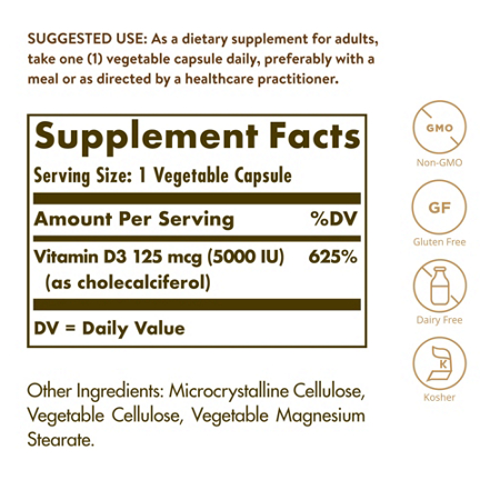 Supplement Facts label for Solgar Vitamin D3 5000 IU capsules