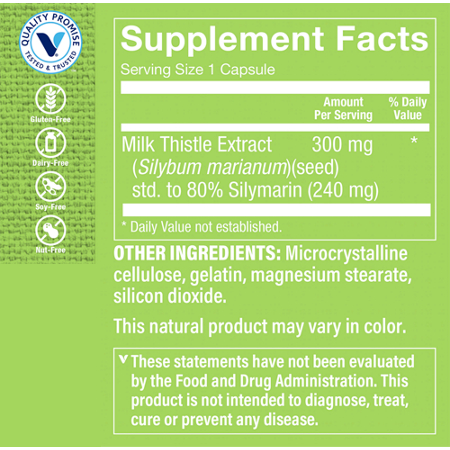 Supplement Facts label for Milk Thistle Extract 300 MG