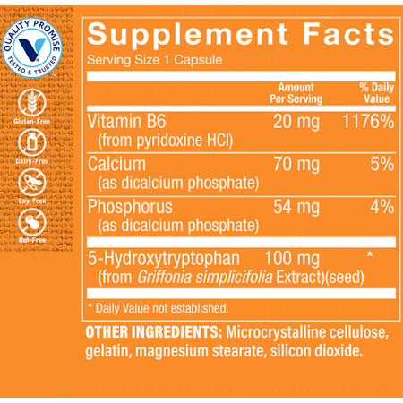 Supplement Facts label for 5-HTP with Vitamin B6 for Mood Support 100 MG