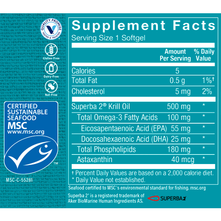 Supplement Facts label for Krill Oil Softgels 500 MG