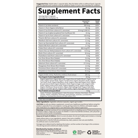 Supplement Facts label: Garden of Life Vitamin Code Women's Multivitamin