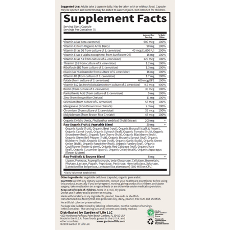 Supplement Facts label for Garden of Life Vitamin Code Raw One for Men