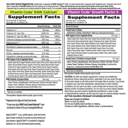 Supplement Facts label for Garden of Life Vitamin Code Grow Bone System