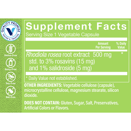 Supplement Facts label for Rhodiola Rosea for Energy & Vitality 500 MG