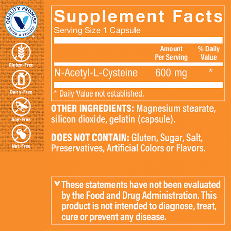 Supplement Facts label for NAC N-Acetyl-L-Cysteine 600 MG