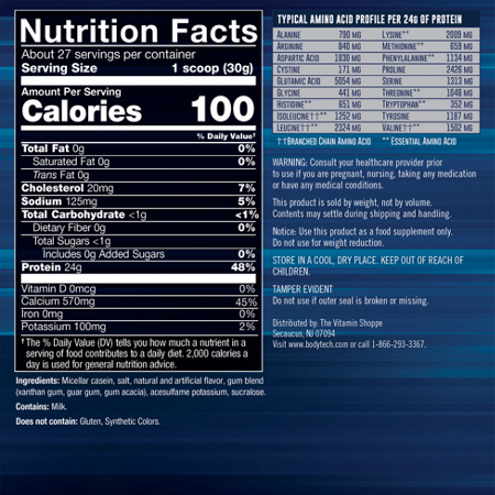 Nutrition label for BodyTech Micellar Casein Protein Powder French Vanilla