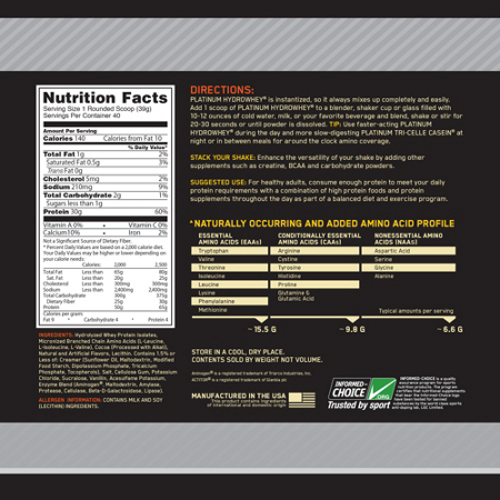 Supplement Facts label for Optimum Nutrition Platinum Hydrowhey Turbo Chocolate