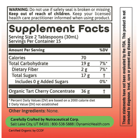 Supplement Facts label for Dynamic Health Organic Tart Cherry Juice Concentrate