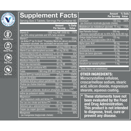 Supplement Facts label for Ultimate Man 50+ Multivitamin
