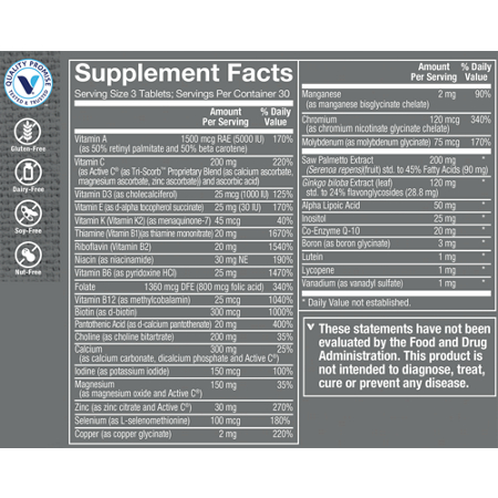 Supplement Facts label for Ultimate Man 50+ Multivitamin & Multimineral