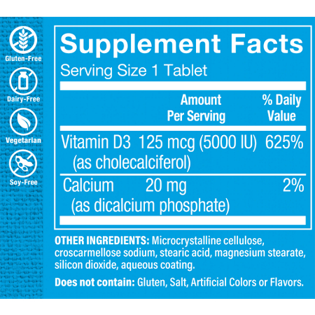 Supplement Facts label for Vitamin D3 Immune Support and Bone Health 5000 IU