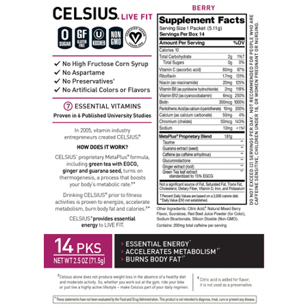 Supplement Facts label for Celsius Energy Powder Drink Mix Berry
