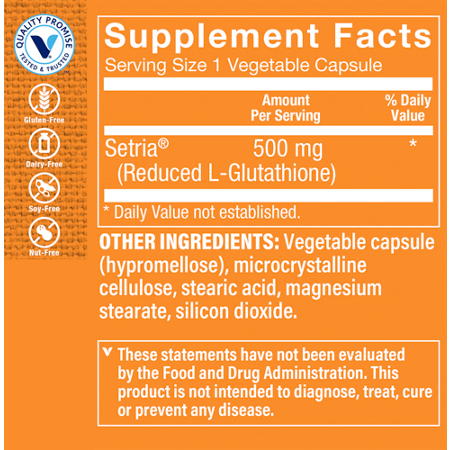 Supplement Facts label for Glutathione 500 MG Supplement