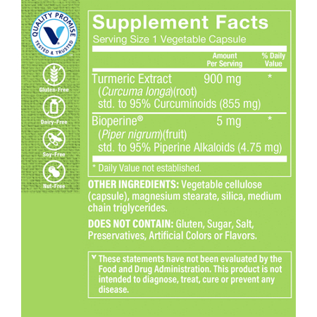 Supplement Facts label for Turmeric with Curcumin 900 MG