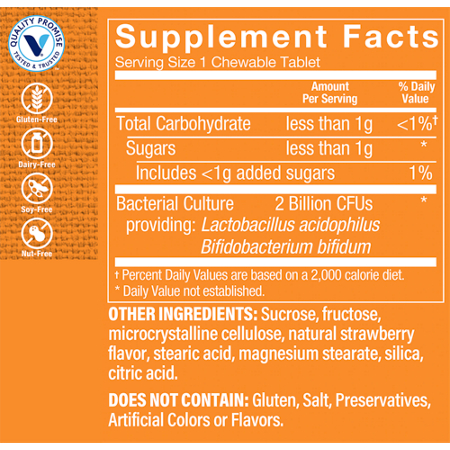 Supplement Facts label for Chewable Probiotic 2 Billion CFUs Strawberry