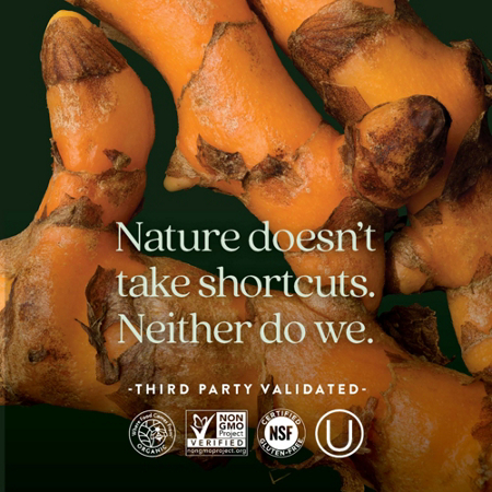 Turmeric roots, text, certification logos.