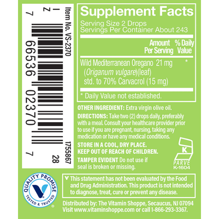 Extra Strength Oil of Oregano Supplement Facts Label
