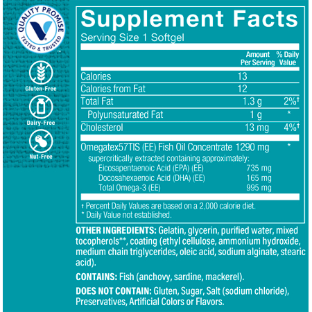 Supplement Facts label for Super Omega-3 Fish Oil 1290 MG